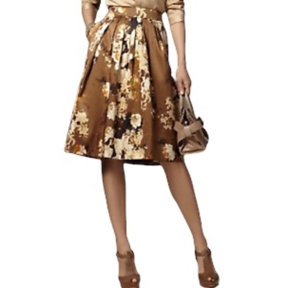 Talbots Petites Pleated Satin A-Line Skirt in a Brown Floral sprint Size…
